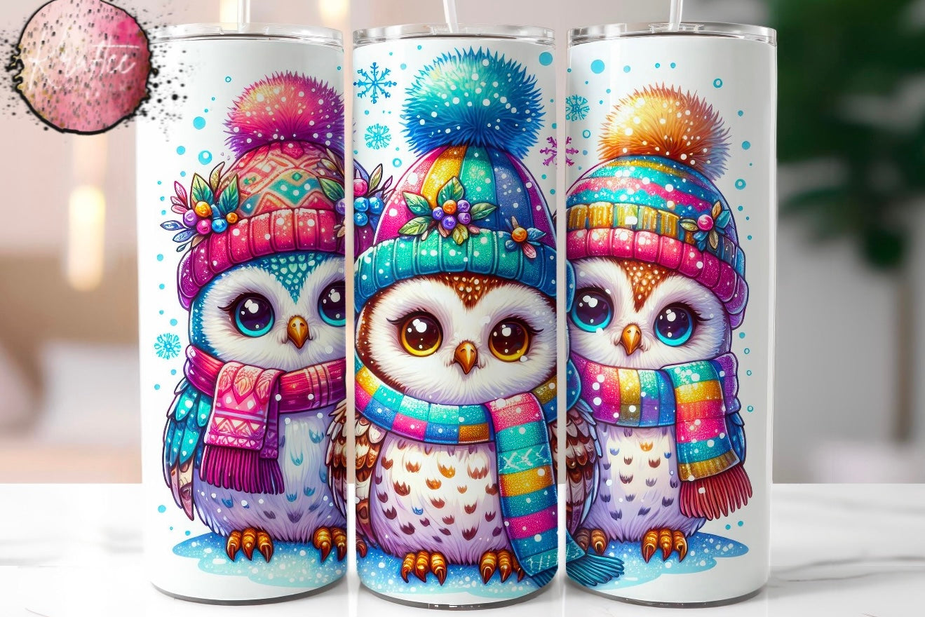 Colorful Winter Owls 20oz Skinny Tumbler