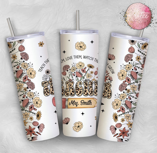 Custom Teacher Cheetah Floral 20oz Skinny Tumbler