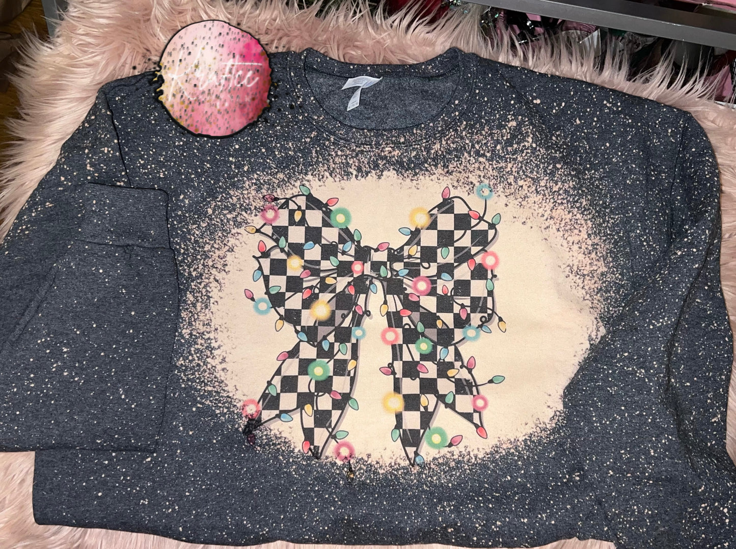 Checkered Bow Christmas Lights Bleached Unisex Crewneck Sweatshirt