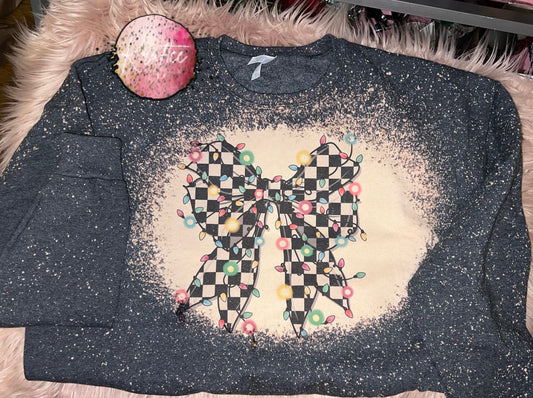Checkered Bow Christmas Lights Bleached Unisex Crewneck Sweatshirt