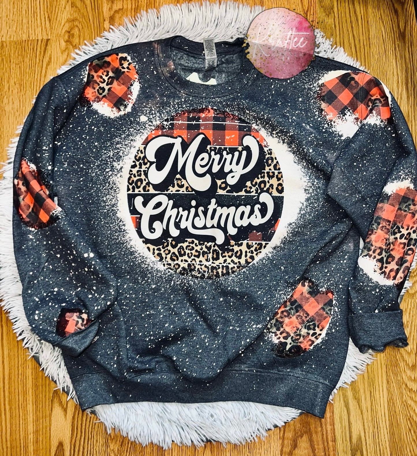 Merry Christmas Cheetah Plaid Bleached Adult Unisex Crewneck Sweatshirt