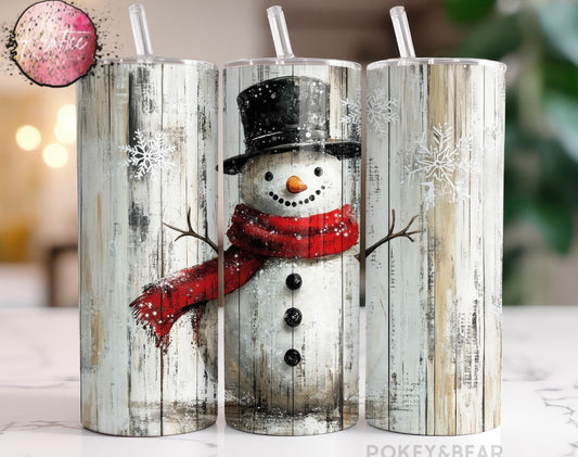 Woodgrain Snowman 20oz Skinny Tumbler