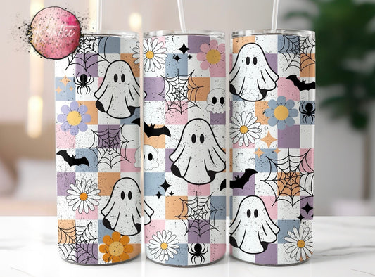 Retro Halloween Checkered Ghosts 20oz Skinny Tumbler
