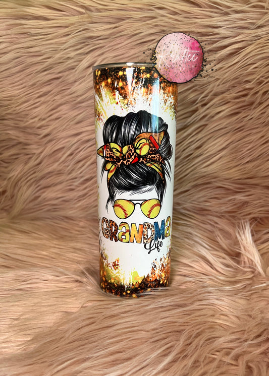 Softball Grandma Life Messy Bun 20oz Skinny Tumbler