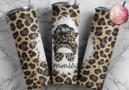 Mom Life Cheetah Messy Bun 20oz Skinny Tumbler