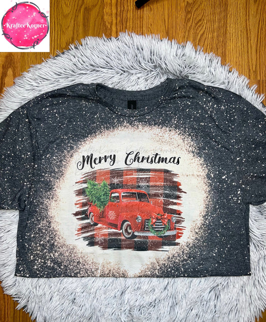 Merry Christmas Red Truck Bleached Unisex T-shirt