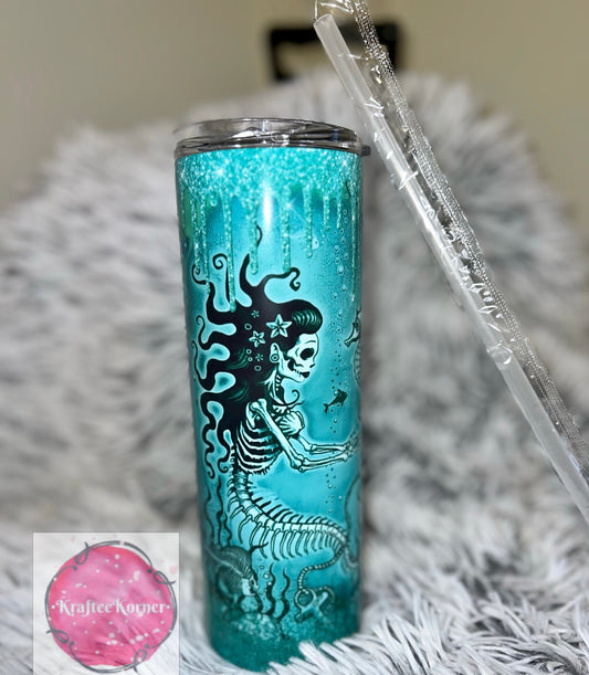 Skeleton Mermaid Green 20oz Skinny Tumbler